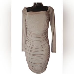 JUSTILY Elegant Chic Silver Long Sleeve Dress.